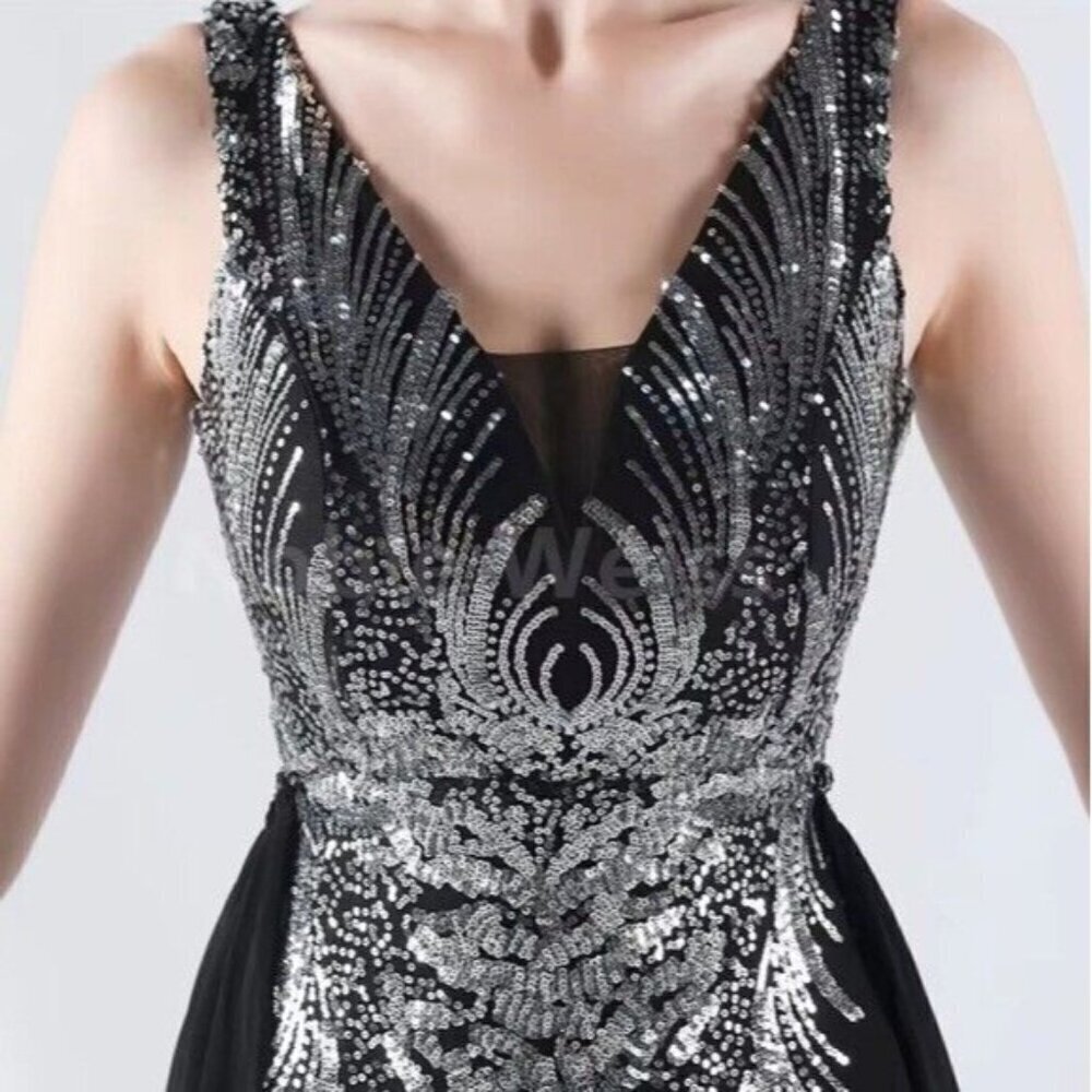 Black, Draped Skirt, Beaded Back,  V Neck,  Sleeveless, Sequined Mermaid… - Picture 7 of 12